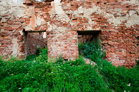 photographed close-up ruins, located in the village of Golshany, Belarus.の写真素材