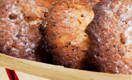 photographed close-up homemade muffins, lying in a basket