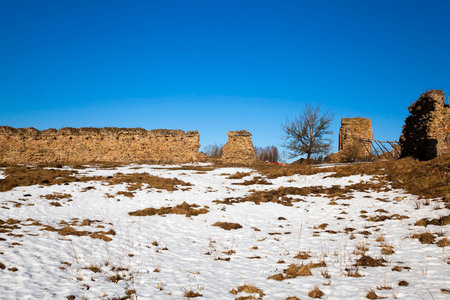 the ruins of an ancient fortress, located in the village of Krevo, Belarus.の写真素材