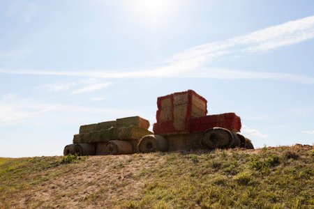 photographed close-up of a tractor and trailer, made of straw after the harvest of cereal cropsの写真素材