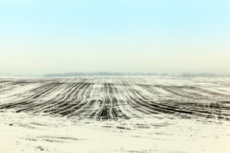 farm field photographed in winter, covered with white snow, blue sky in the background defocusの写真素材