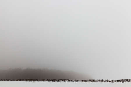 photographed close-up of a wooden fence for the delay of snow, located in a field in winter, after a snowfall, a monochrome image, focus on wooden structureの写真素材