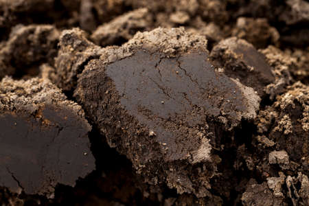 photographed close-up of plowed land in an agricultural field before planting the crop. Small depth of fieldの写真素材