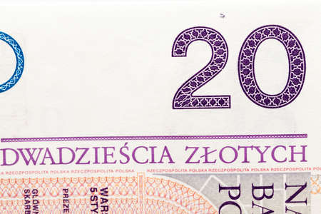 photographed close up bill costing twenty zlotyの写真素材