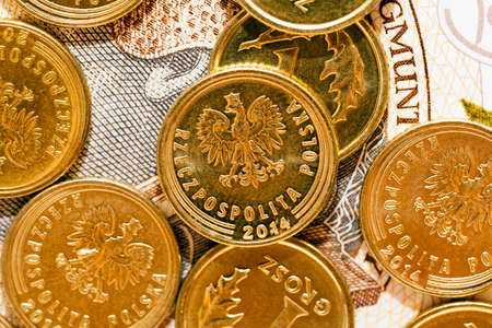 photographed close-up Polish money - zloty, banknotes and coinsの写真素材