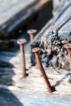 photographed close plnom old rusty screw that secures the board broken benches in the park. small depth of fieldの写真素材