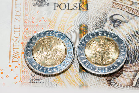 photograph taken close-up, which shows the Polish coin lying on the paper money. Zloty, a small...