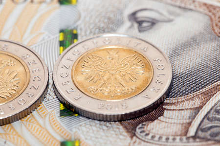 photographed close-up new Polish paper money. Banknotes worth two hundred zlotyの写真素材
