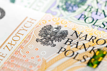 photographed close-up new Polish paper money. Banknotes worth two hundred zlotyの写真素材