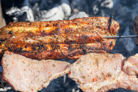 Raw and fried in open fire pork meat. Preparation of barbecue and shish kebabs during the rest in the park on a day offの写真素材