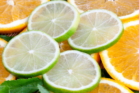 orange and lime, lying on top of each other. close-upの写真素材