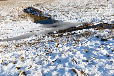 snow lying in snowdrifts after the last snowfall. Photo in the winter in the field.の写真素材