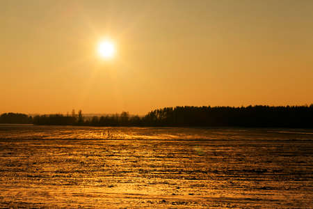 photographed field covered with snow in the winter season. The picture shows the yellow sun during sunsetの写真素材