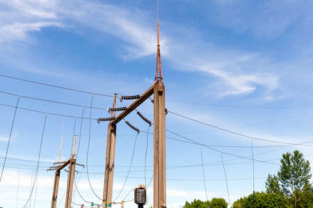 electric concrete poles with high-voltage lines. photo close upの写真素材