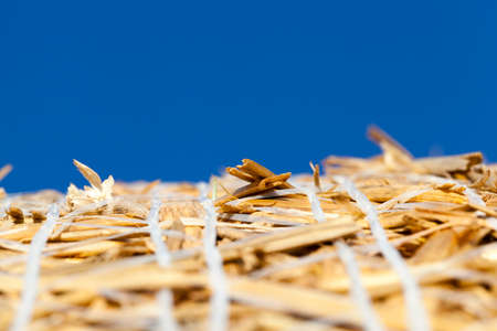 a yellow dry straw in a stack of wheat on the field. photo Close-up of several mown stems on a background of blue sky. small depth of fieldの写真素材