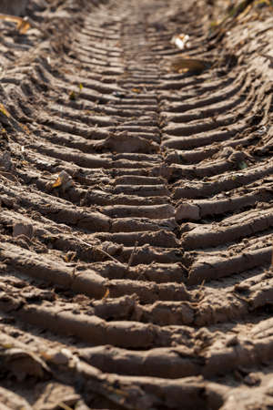 A path with irregularities from the tractor agricultural field passing through the soil during harvesting. photo close-up, small depth of field, side viewの写真素材