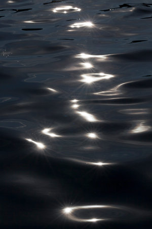 white glare of the sun on a dark dirty surface of water on a lake, close-up photo in autumnの写真素材