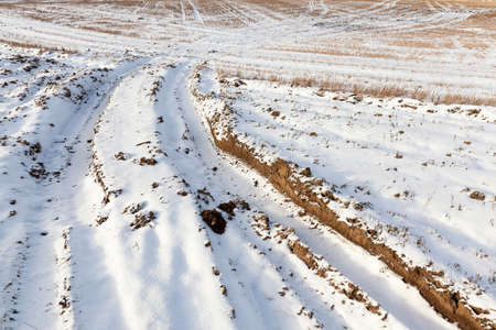 deep groove and track on the soft soil of the field, covered with white pure snow, winterの写真素材