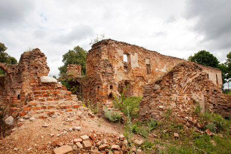the ruins of an old castle of red brick, in cloudy weather
