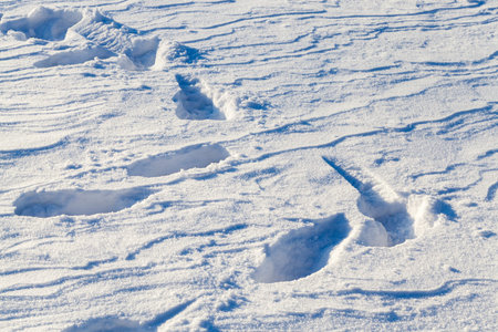 Deep snow drifts with traces of past people, close-up