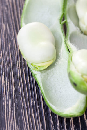 broken green freshly torn bean pod with green fruits inside