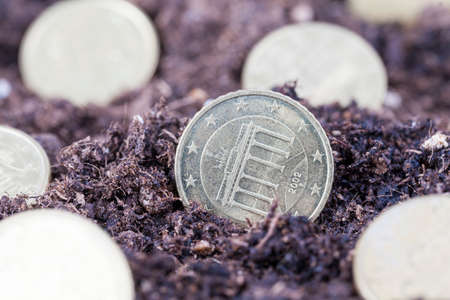 European euro cents in coins, closeup of planting or harvesting moneyの写真素材