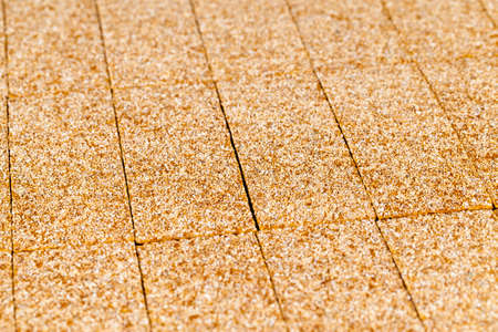 Background of dry analogue of crispy bread made from rye flour, sprinkled with crumbs, durable foodの写真素材
