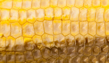 cut corn cob, internal structure and structure of yellow grains, covered with juice