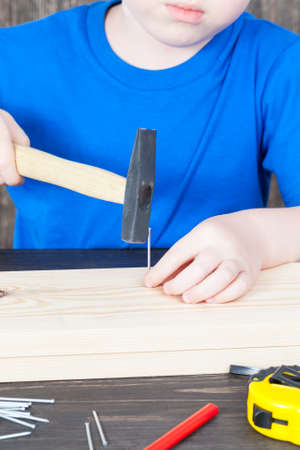 a small boy is building a wooden birdhouse, hammering nails into the boardの写真素材