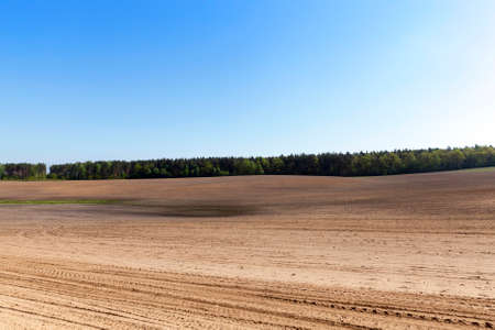 brown soil of a plowed field during the preparation of soil for sowing a new crop of plantsの写真素材