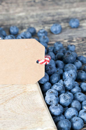 a paper label lying together with juicy and sweet blueberries for writing a price or another recordの写真素材
