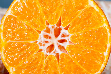 Beautiful juicy mandarin cut in half with a knife, visible structure and juiceの写真素材