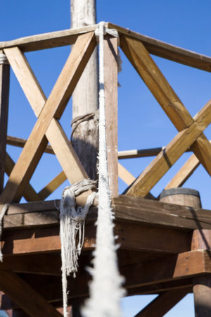 tied together rope in wooden structures for play and recreation for children, close up