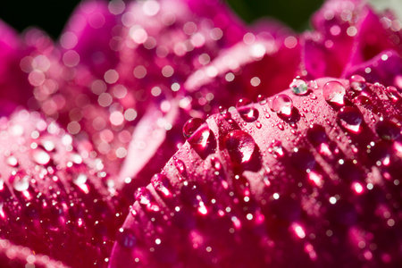the red petals of peony with drops of rain water, flowering plants parts spring or summer season...