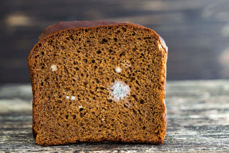 pieces of dark black bread made from rye flour, close-up of food on a wooden surface, there is mold...