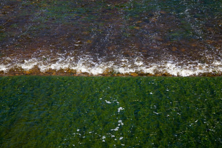 the rapid flow of water on the lake with stones, creates a small waterfall