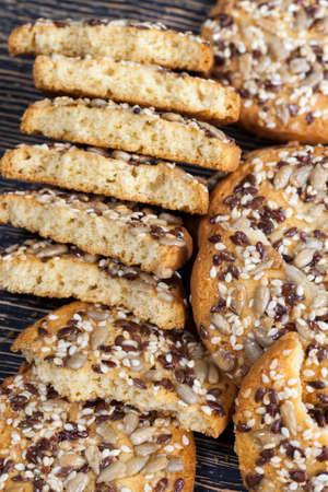 delicious fresh cookies made of high-quality oatmeal with seeds and nuts, close-up of food productsの写真素材