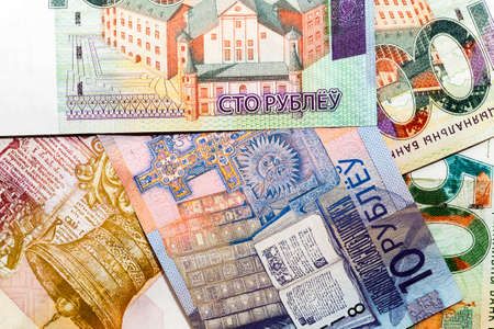 Grodno, Belarus August 1, 2016-one hundred new Belarusian rubles, close-up and features of Belarus cashのeditorial素材