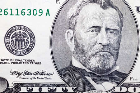close-up of a detail of American dollars with a portrait of the President, face value of old fifty genuine cash dollarsの写真素材