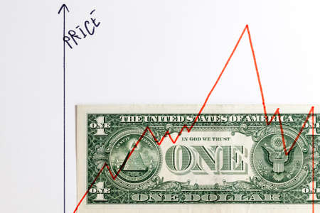 a chart of growth and decline drawn on a single dollar, a close-up of the currency that led to international financial problemsの写真素材