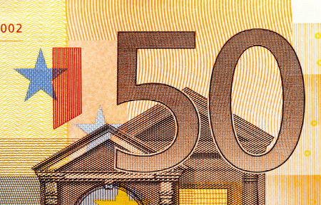 the front side of the obverse of European Euro cash, the denomination of the bill is fifty euros