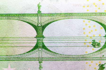 genuine European one hundred Euro bill, close-up of European Union cash used in different countries, reverse of the billの写真素材