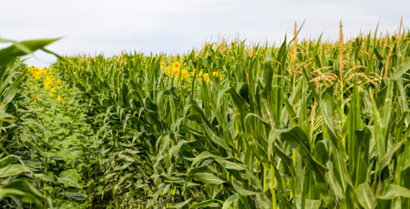 bright sunflower with yellow petals on an agricultural field, of sunflower inflorescences growing...