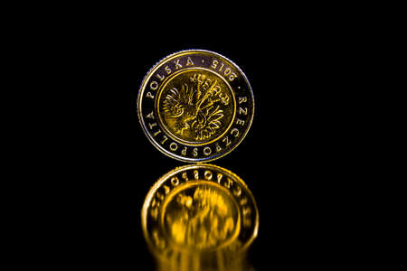 Polish zlotys in the form of metal coins, legal tender in Poland used for payments in the state, beautiful coins close-upの写真素材