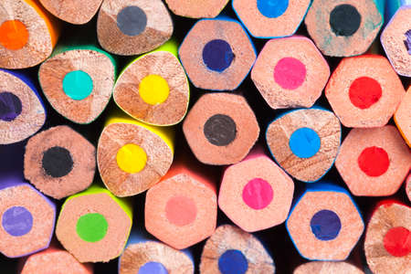 colored wooden pencils with a different color lead for drawing and creativity, close-up pencils made of natural eco-friendly materials safe for childrenの写真素材