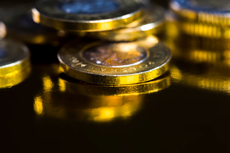 Polish zlotys in the form of metal coins, legal tender in Poland used for payments in the state, beautiful coins close-up, coin face value two zlotysの写真素材