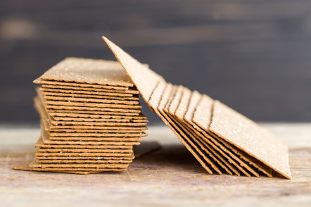 rye crackers are thin and baked, healthy dietary foods rich in nutrients and fiber, rye fried breadの写真素材