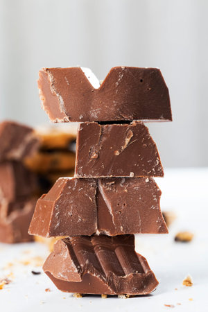 very sweet pieces of chocolate on the table, broken chocolate and wheat cookies with chocolate...