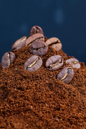 coffee bean powder, and whole coffee beans, roasted coffee beans are placed on ground coffee,...