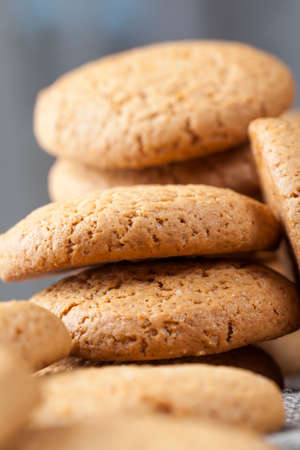 closeup of oatmeal cookies not very high in calories, not very sweet dry and crunchy cookies, porous cookies baked with oatmealの写真素材